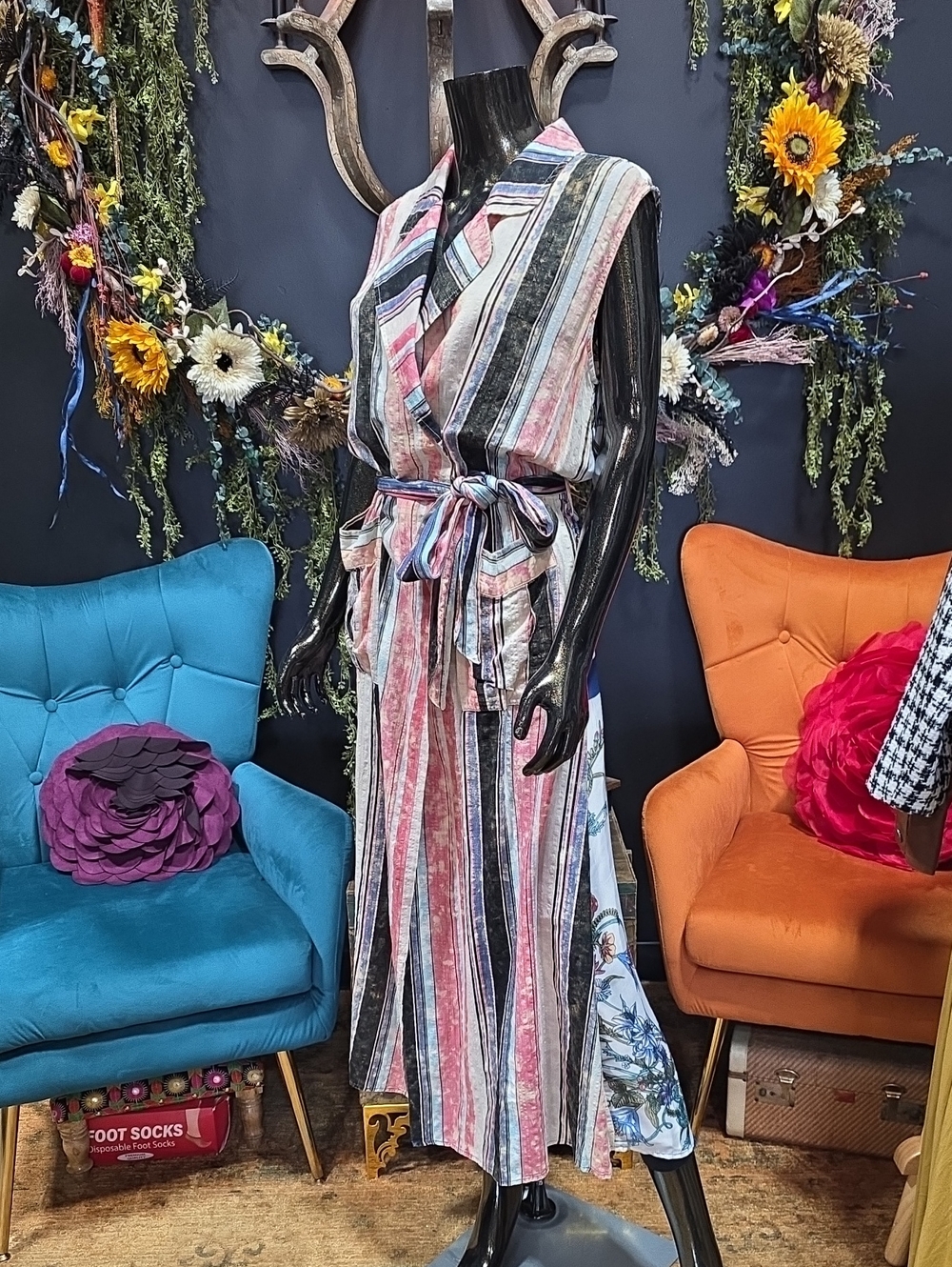 Floral Back Panel & Striped Front Panel Tie-Waist Maxi Dress